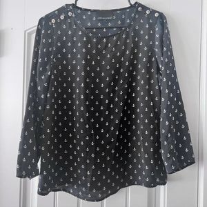 Black Anchor Print Longsleeve Blouse